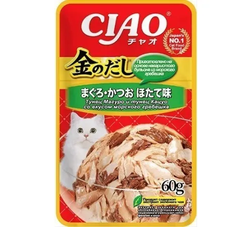 INABA CIAO Kinnodashi Тунец Магуро и Кацуо со вкусом морского гребешка, 60 г