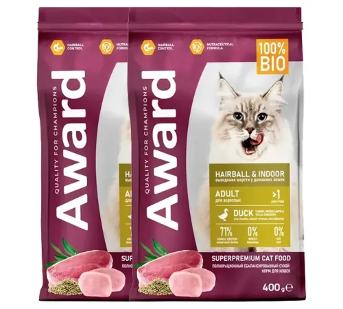 Award Cat Hairball & Indoor (Утка, индейка), 400 г х 2 шт (набор)