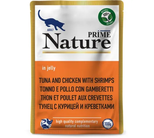 Prime Nature Паучи Тунец с курицей и креветками в желе для кошек, 100 г