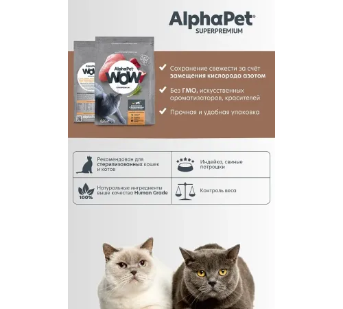 AlphaPet WOW Superpremium Cat Sterilised (Индейка с потрошками), 350 г