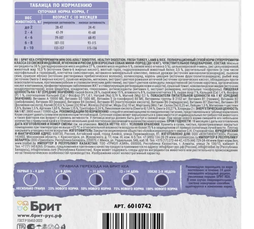 Брит Кеа Adult Mini Sensitive Healthy Digestion (Индейка и ягненок), 400 г new