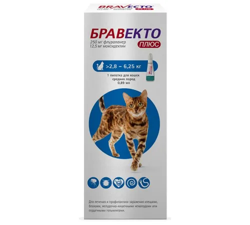 MSD Animal Health Бравекто Плюс капли для кошек > 2,8 - 6,25 кг 1 пипетка