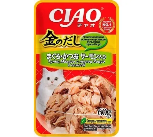 INABA CIAO Kinnodashi Тунец Магуро и Кацуо с семгой, 60 г