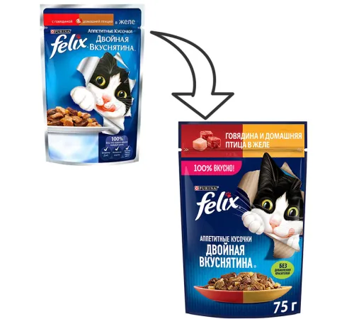 Felix Двойная вкуснятина для кошек (Говядина и птица в желе), 75 г