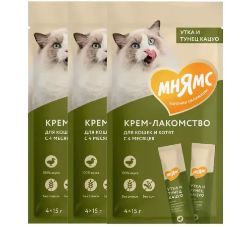 Мнямс Крем-лакомство с тунцом Кацуо и уткой, 15 г х 4 шт (уп), Акция 1+1=3