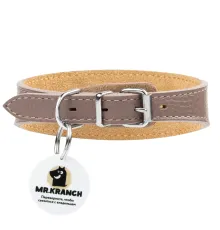 Mr.Kranch Ошейник-селедка кожаный с QR-адресником, бежевый, 19-23 см