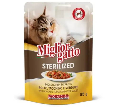 Miglior Gatto Sterilized Кусочки в соусе (Курица, индейка, овощи), 85 г
