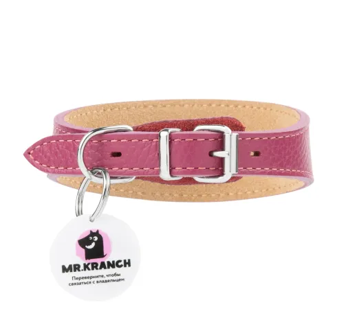 Mr.Kranch Ошейник-селедка кожаный с QR-адресником, малиновый, 19-23 см