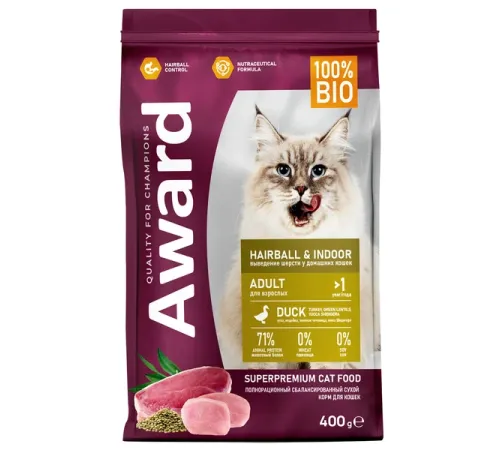 Award Cat Hairball & Indoor (Утка, индейка), 400 г