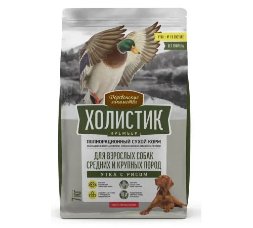 Деревенские лакомства Холистик Премьер для собак средних и крупных пород (Утка с рисом), 7 кг