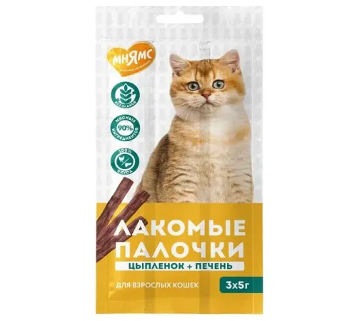 Мнямс Лакомые палочки для кошек (Цыпленок, печень), 5 г, 1 шт из уп.
