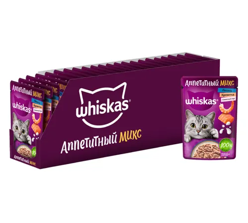 Whiskas Аппетитный микс (сливочный соус, креветки, лосось), 75 г х 28 шт (уп)