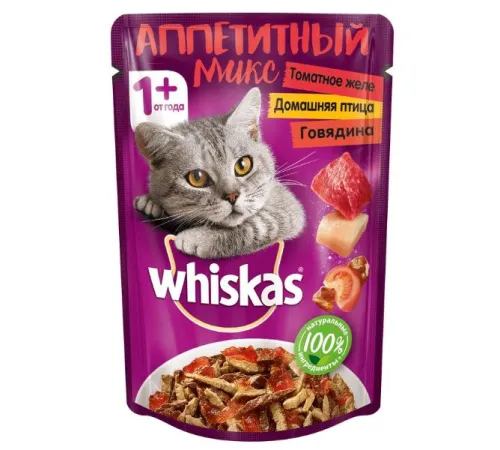 Whiskas Аппетитный микс (томатное желе, домашняя птица, говядина), 85 г х 24 шт (уп)