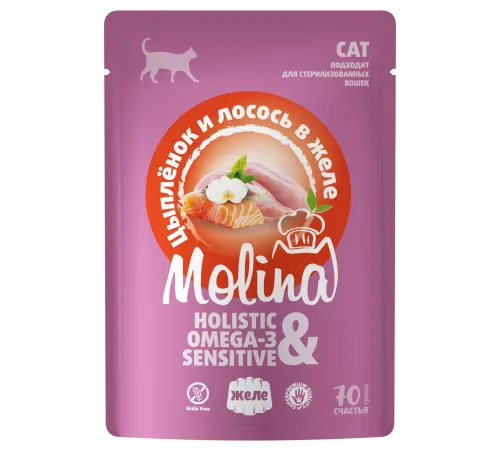 Molina Пауч для кошек (Цыплёнок и лосось в желе), 70 г
