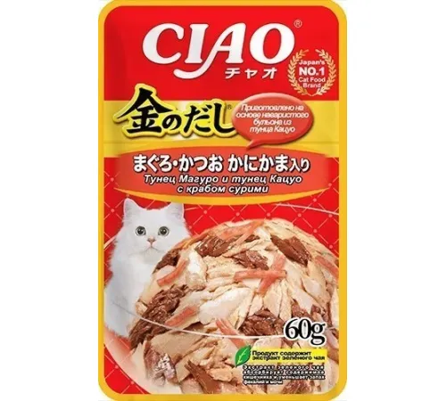 INABA CIAO Kinnodashi Тунец Магуро и Кацуо с крабом сурими, 60 г