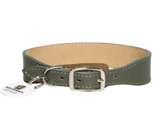 Mr.Kranch Ошейник кожаный с QR-адресником, оливковый, 20-24 см