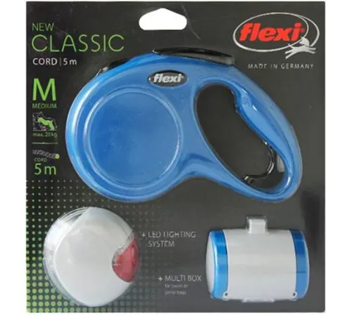 Комплект Рулетка Flexi New Classic M, трос 5 м + Фонарик LED + Multi Box (синяя)