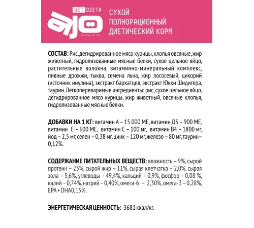 AJO Vet Dieta Gastro Low Fat Dog, 800 г