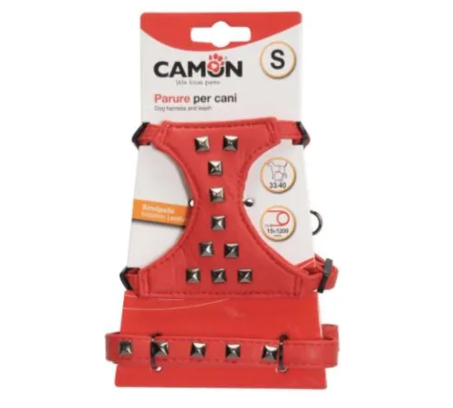 CAMON Шлея с заклепками и поводком красная M, 40-47 см+120 см