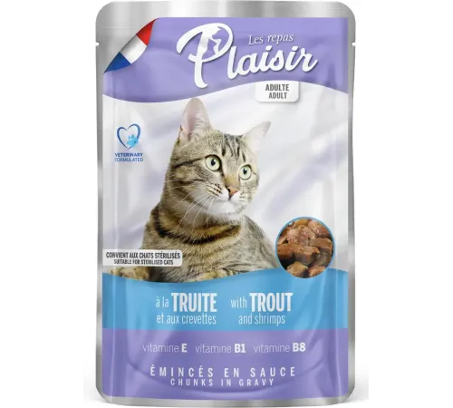 Plaisir Кусочки в соусе для кошек (Форель и креветка), 100 г