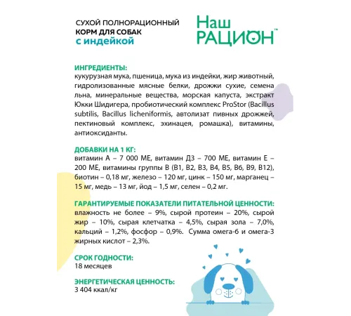 Наш рацион корм для собак (Индейка), 15 кг
