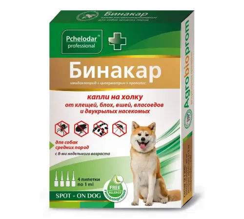 Pchelodar Капли Бинакар от клещей/блох для средних собак, 1 пипетка
