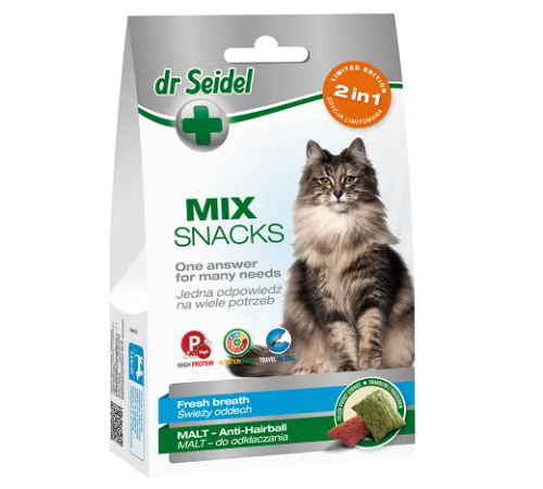 Dr. Seidel Snacks Микс 2в1 Лакомство для кошек для свежего дыхания и для вывода шерсти, 60 г