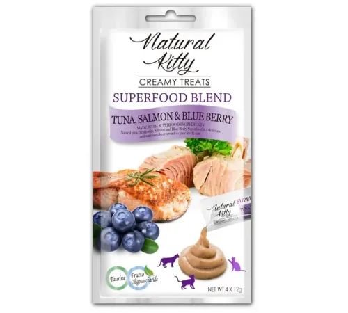 Natural Kitty Superfood Blend Крем-суп (Тунец, лосось и черника), 12 г х 4 шт (упаковка)