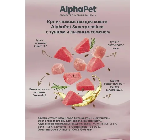 AlphaPet Superpremium Крем-лакомство с тунцом и льняным семенем, 48 г