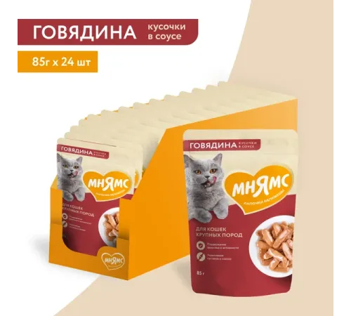 Мнямс для крупных кошек Кусочки в соусе с говядиной, 85 г