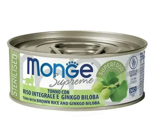 Monge Supreme Sterilised Консервы из тунца с бурым рисом и гинкго билоба, 80 г