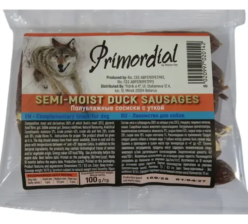 Primordial Полувлажные сосиски с уткой, 100 г