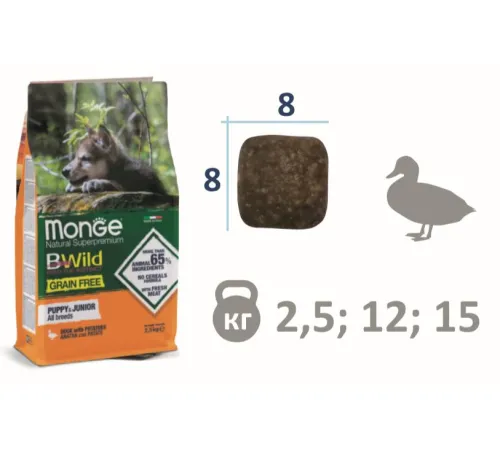 Monge Dog BWild Grain Free Puppy & Junior (Утка, картофель), 2,5 кг