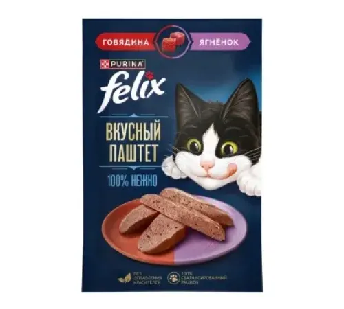 Felix Вкусный паштет для взрослых кошек (Говядина и ягненок), 75 г