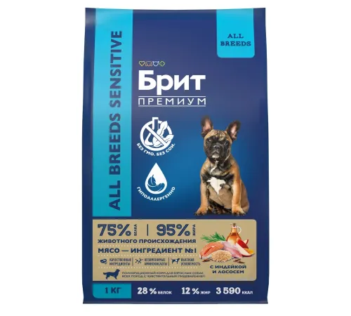 Брит Премиум Dog Sensitive Adult All Breeds (Индейка, лосось), 1 кг