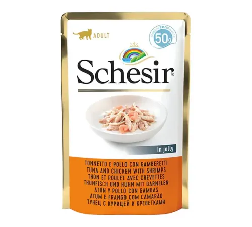 Schesir Тунец с курицей и креветками в желе Пауч, 50 г