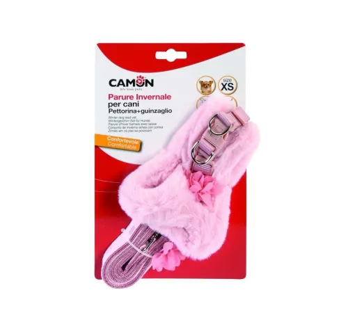 CAMON Шлея меховая розовая с поводком XS, 28-32 см