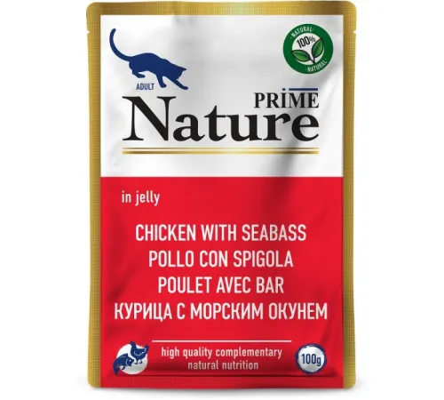 Prime Nature Паучи Курица с морским окунем в желе для кошек, 100 г