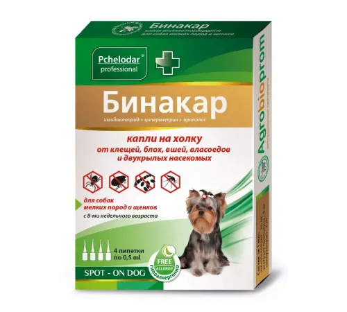 Pchelodar Капли Бинакар от клещей/блох для мелких собак и щенков, 1 пипетка