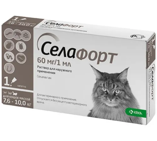KRKA Селафорт для кошек 7.6-10 кг, (1 пипетка) 60 мг/1 мл