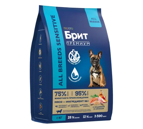 Брит Премиум Dog Sensitive Adult All Breeds (Индейка, лосось), 1 кг