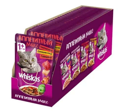 Whiskas Аппетитный микс (томатное желе, домашняя птица, говядина), 85 г х 24 шт (уп)