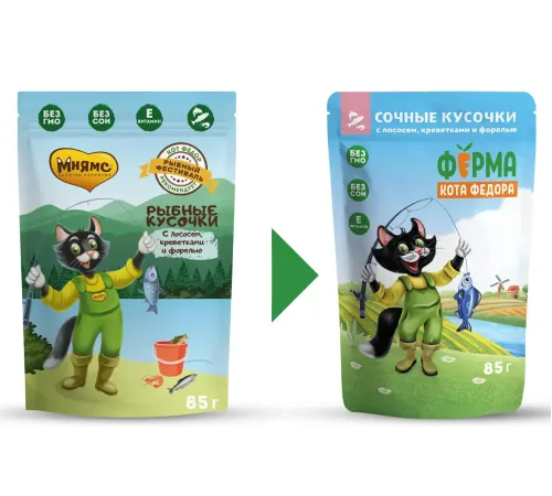 Ферма кота Федора Рыбные кусочки с лососем, креветками и форелью, 85 г