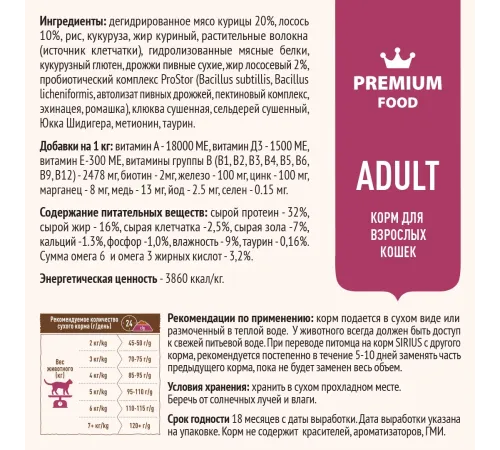 SIRIUS для взрослых кошек (Лосось, рис), 400 г