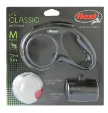 Комплект Рулетка Flexi New Classic M, трос 5 м + Фонарик LED + Multi Box (черная)