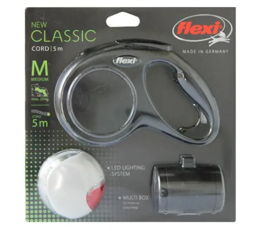 Комплект Рулетка Flexi New Classic M, трос 5 м + Фонарик LED + Multi Box (черная)