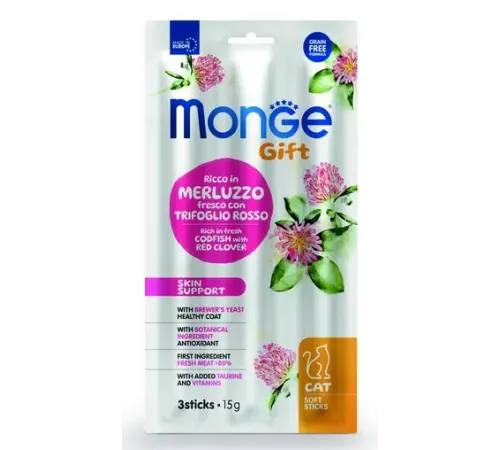 Monge Gift Skin support Мягкие палочки со свежей треской и красным клевером, 15 г