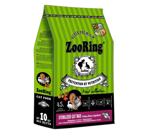 Zooring Sterilized Cat Max (Утка и индейка с брусникой), 10 кг