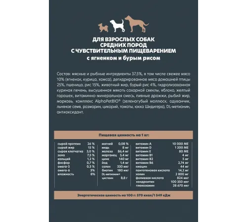 AlphaPet WOW Superpremium Dog Sensitive Medium Adult (Ягненок с бурым рисом), 2 кг