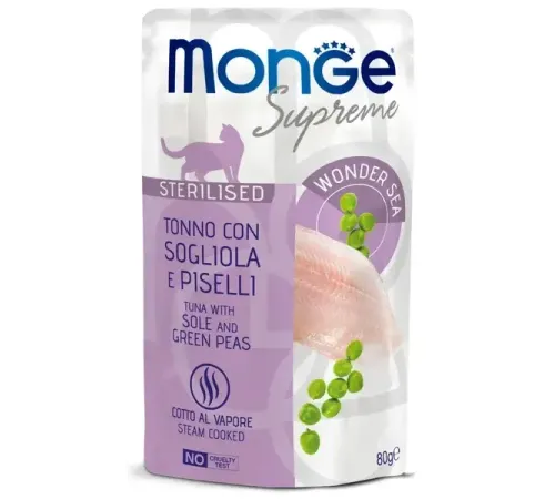 Monge Supreme Sterilized Cat Пауч с тунцом, желтоперой камбалой и зелёным горошком, 80 г